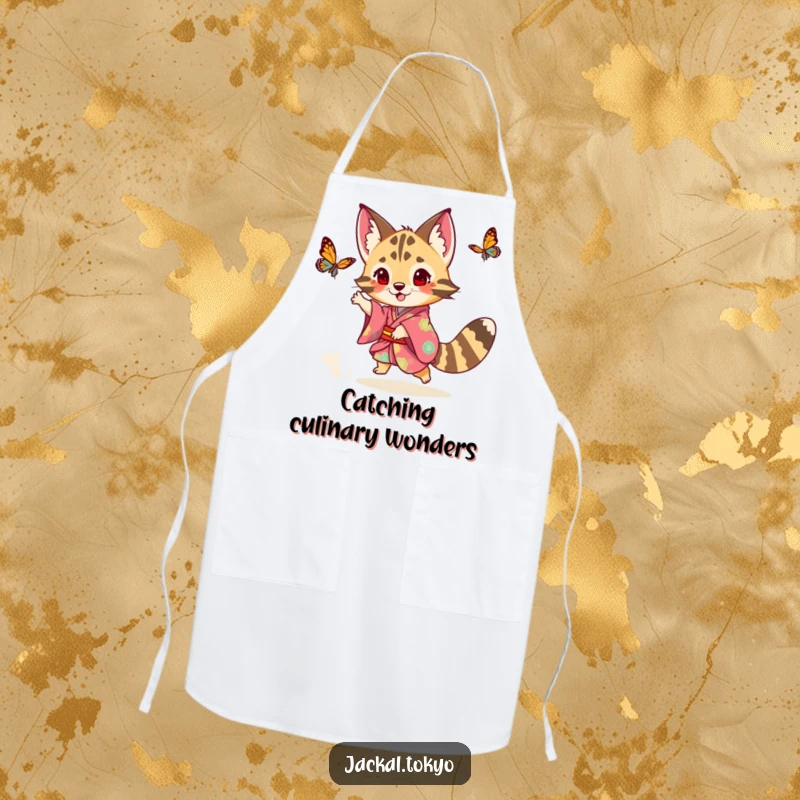 Funny playful jackal in a colorful kimono chasing a butterfly, featured on a cooking apron, symbolizing culinary excitement.
