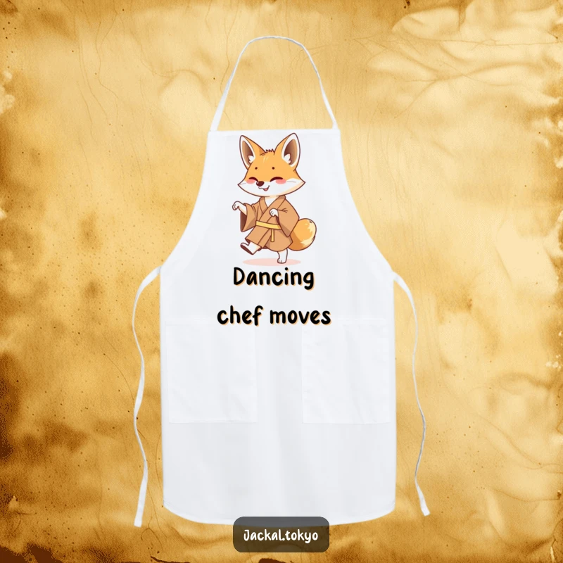Funny Jackal Kimono Apron: A chef’s apron featuring a jackal in a brown kimono doing a funny, energetic shuffle dance.