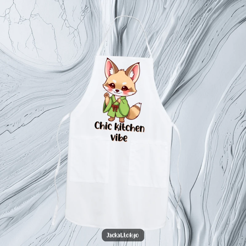 Funny Jackal Apron: A cute jackal in a green kimono strikes a charming pose, ready for kitchen duty with a humorous flair.
