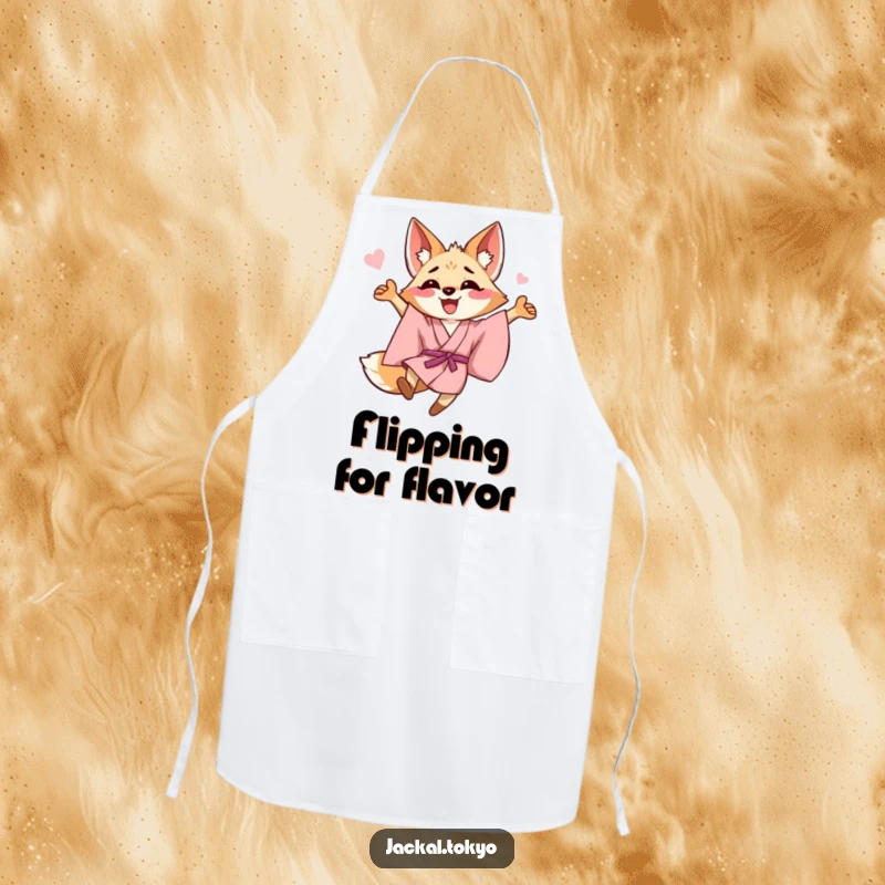 Funny happy jackal in a pink kimono leaping joyfully, featured on a cooking apron, symbolizing culinary excitement.