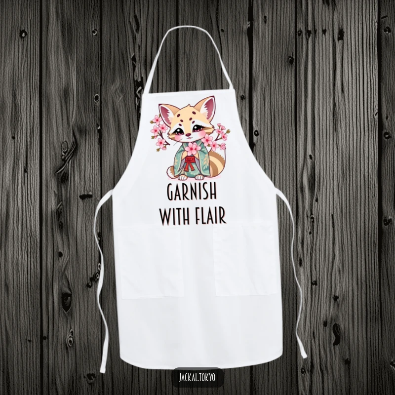 Funny Kawaii Jackal Apron: Intricate kimono jackal holds a blooming cherry blossom, a funny and elegant kitchen accessory.