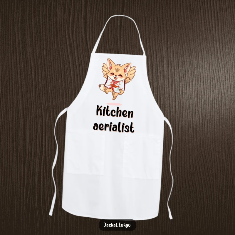 Funny Kawaii Jackal Apron: Festive kimono jackal leaping with wings spread, a funny and practical kitchen item.