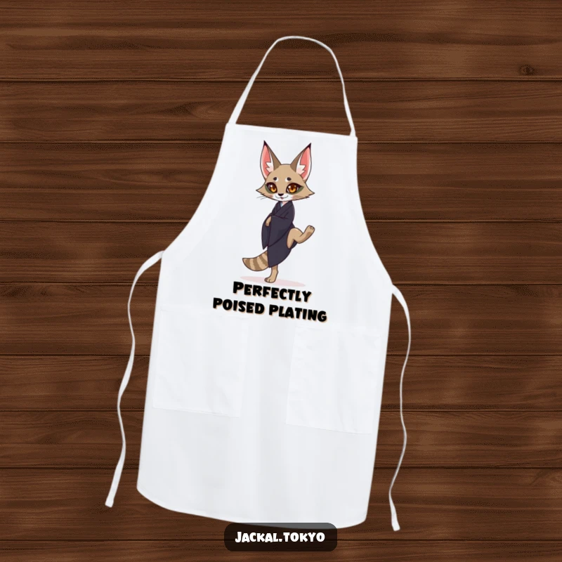 Funny graceful jackal in a dark kimono balancing on one leg, featured on a cooking apron, symbolizing culinary control.