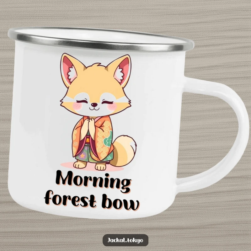 Funny Kawaii Jackal Camping Mug: Jackal in a vibrant kimono bowing gracefully, perfect for funny outdoor sipping.
