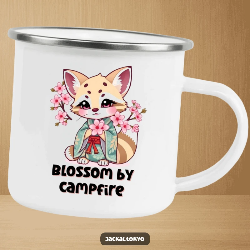 Funny Kawaii Jackal Camping Mug: Intricate kimono jackal holds a cherry blossom, perfect for funny nature sips.