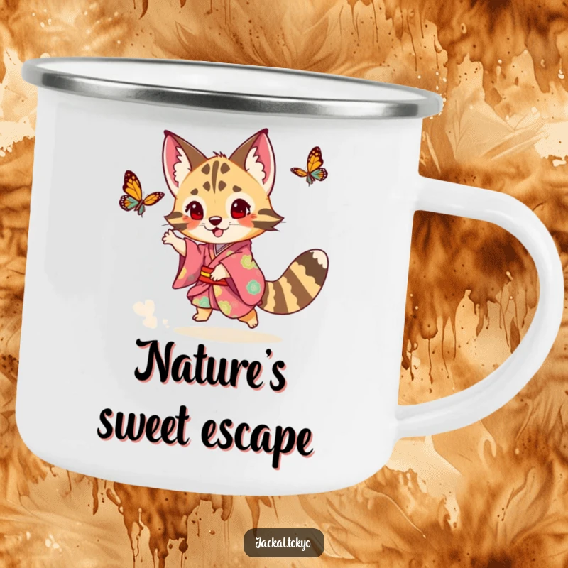 Funny playful jackal in a colorful kimono chasing a butterfly on a camping mug, representing spirited outdoor fun.