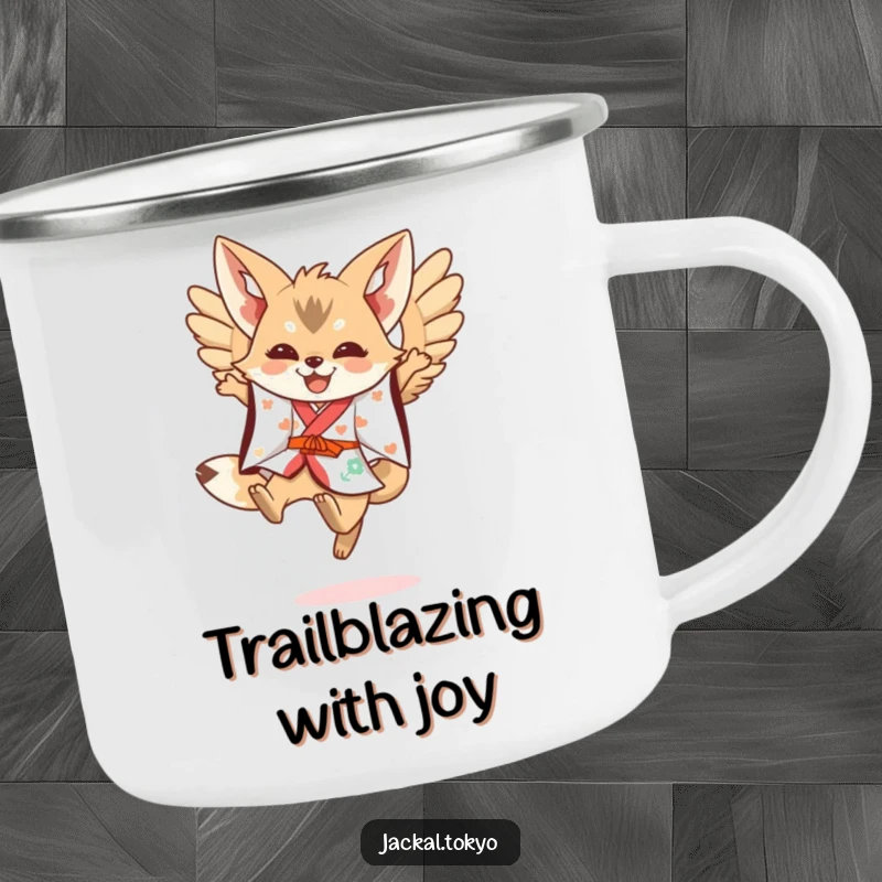 Funny Kawaii Jackal Camping Mug: Festive kimono jackal leaping with spread wings, perfect for funny outdoor drinks.