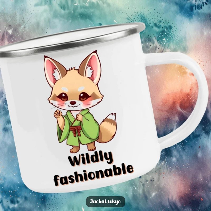 Funny Jackal Camping Mug: A cute jackal in a green kimono strikes a charming pose, ready for your next outdoor escapade.