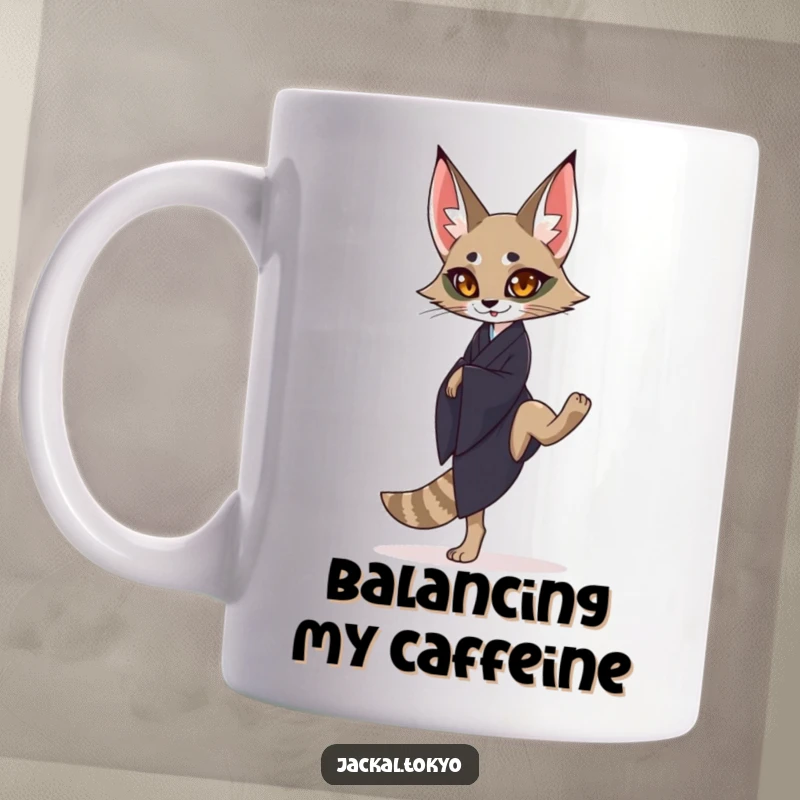 Funny graceful jackal in a dark kimono balancing elegantly on one leg, depicted on a mug, embodying poise.