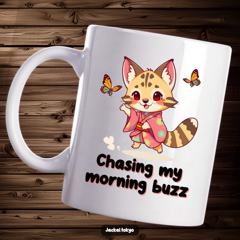 Funny playful jackal in a colorful kimono joyfully chasing a butterfly, depicted on a mug, symbolizing carefree delight.