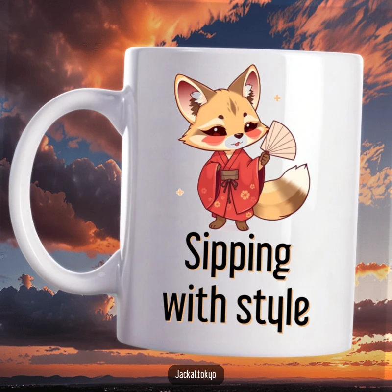Funny mug featuring a jackal in a striking red kimono elegantly twirling a delicate fan with grace and poise.