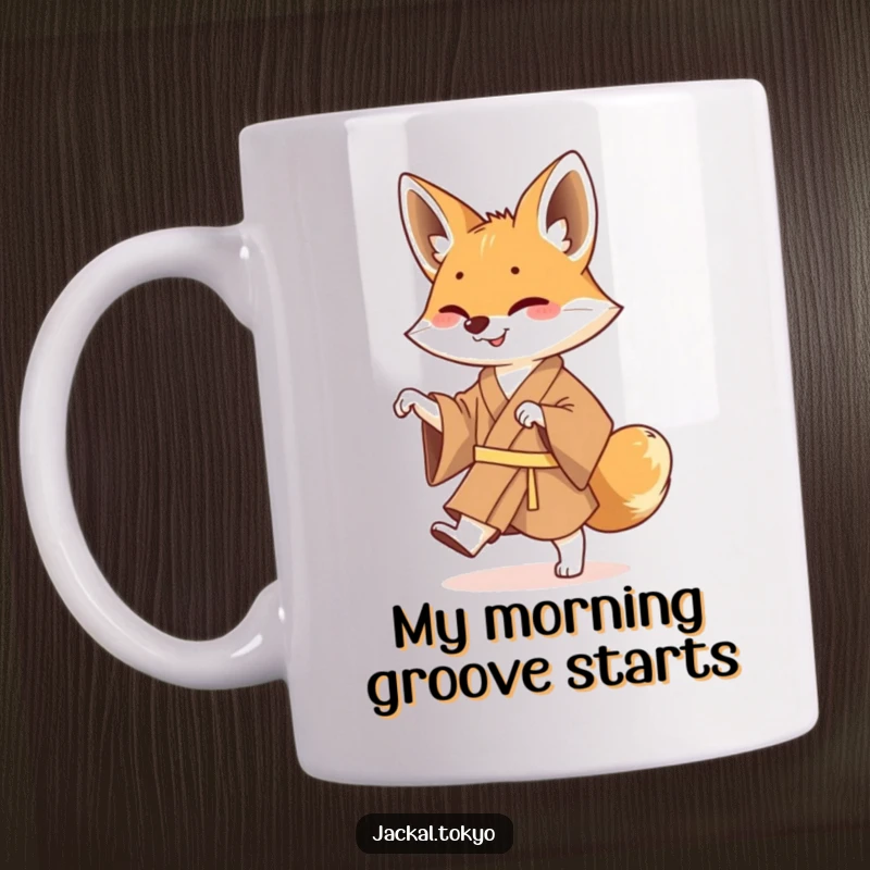 Funny Jackal Kimono Mug: A joyful jackal in a brown kimono performing a lively shuffle dance, radiating happiness and fun.