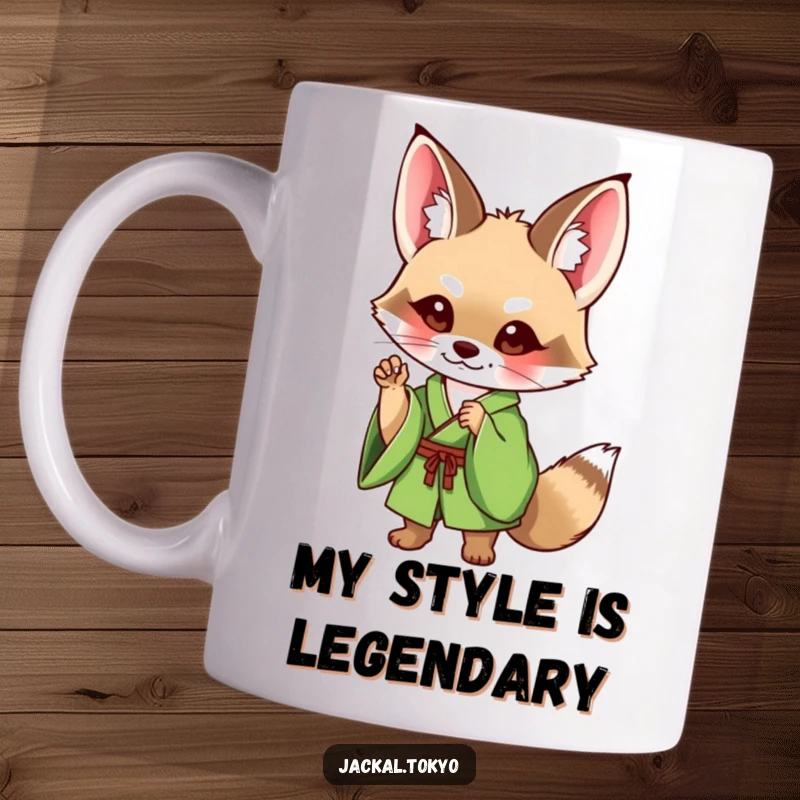 Funny Jackal Mug: A cute jackal wearing a green kimono strikes a charming, elegant pose, looking incredibly sophisticated and amusing.