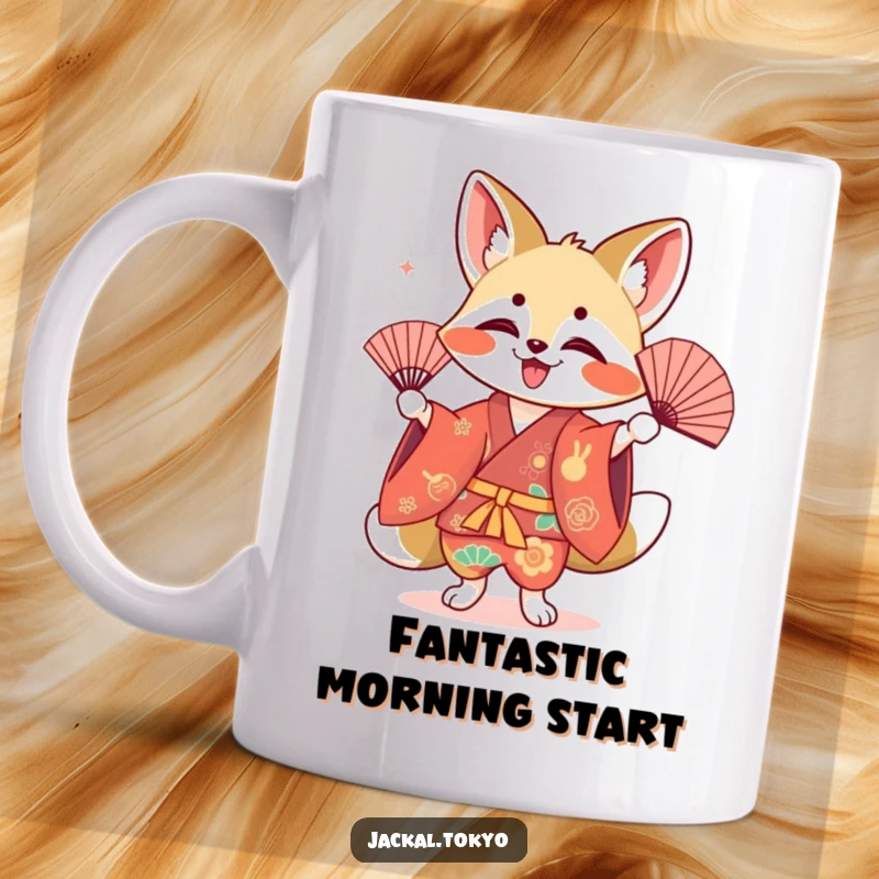 Funny kawaii jackal mug, performing a colorful fan dance, joyful expression, Japanese inspired art, cute animal illustration.