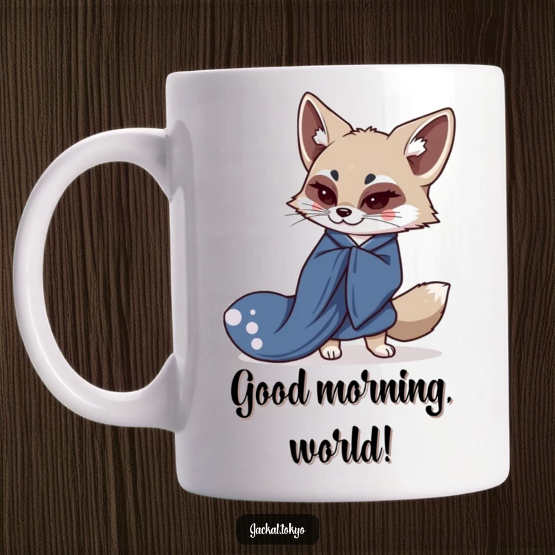 Funny mug featuring a cute, kawaii jackal in a flowing indigo kimono gracefully bowing, embodying Eastern elegance and charm.