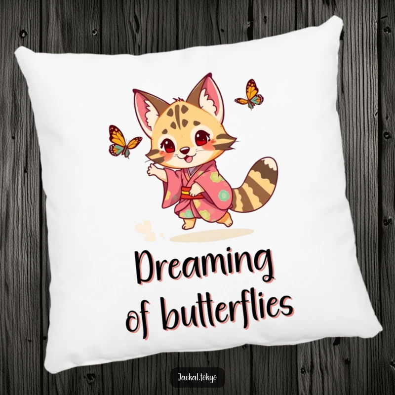 Funny playful jackal in a colorful kimono chasing a butterfly, depicted on a soft pillow, adding whimsical accents.