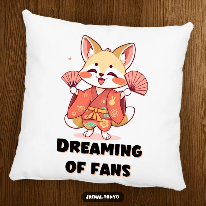 Funny kawaii jackal pillow, performing a fan dance, colorful kimono, soft cushion, cute decor.