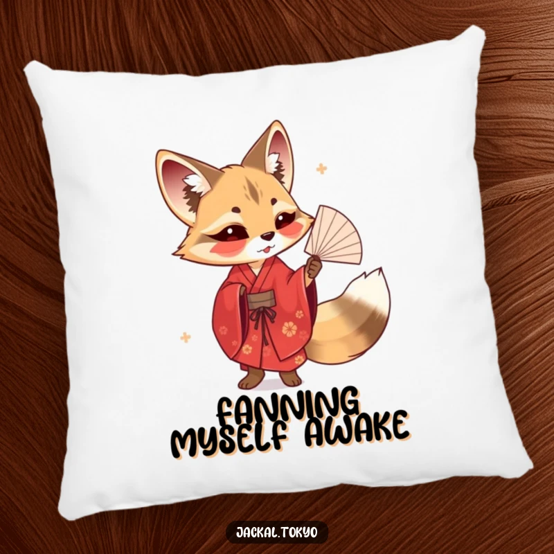Funny pillow featuring a jackal in a red kimono elegantly twirling a delicate fan, embodying cozy artistry and refined style.