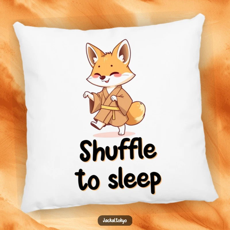 Funny Jackal Kimono Pillow: A plush pillow showcasing a jackal in a brown kimono performing a hilarious shuffle dance.