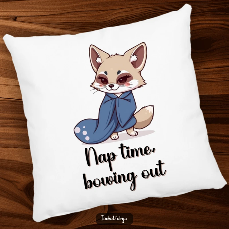 Funny pillow featuring a kawaii jackal gracefully bowing in a flowing indigo kimono, embodying elegant comfort and artistic style.