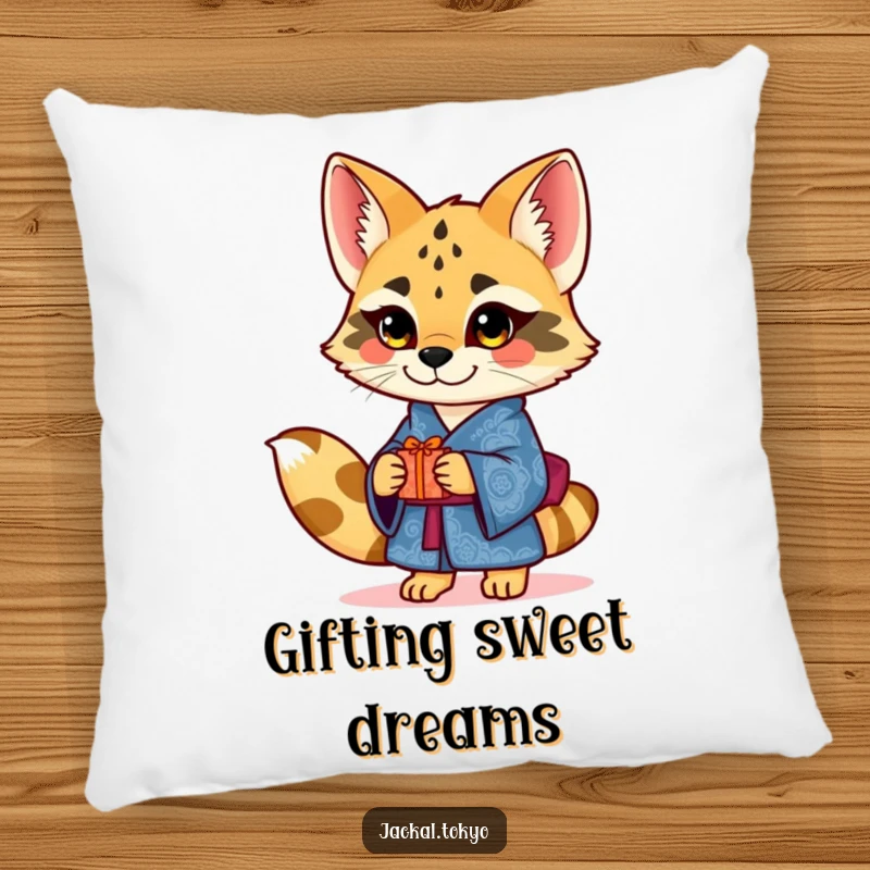 Funny charming jackal in an ornate blue kimono offering a small gift, depicted on a soft pillow, adding thoughtful accents.