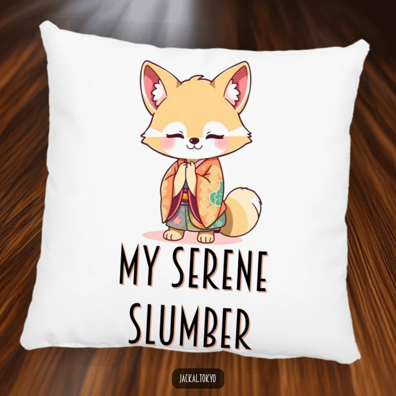 Funny Kawaii Jackal Pillow: A plump pillow featuring a jackal in a vibrant kimono bowing gracefully, a funny accent.