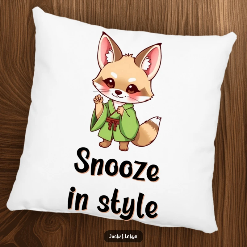 Funny Jackal Pillow: A cute jackal in a green kimono strikes a charming pose, offering plush comfort and a touch of lighthearted humor.