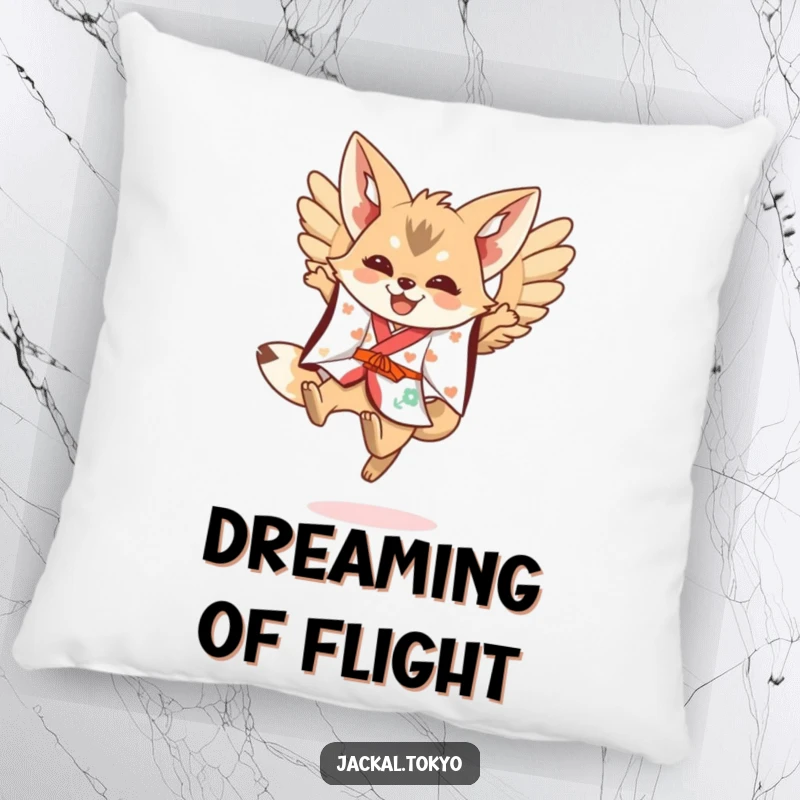 Funny Kawaii Jackal Pillow: A festive kimono jackal leaps with spread wings, a soft and funny accent.