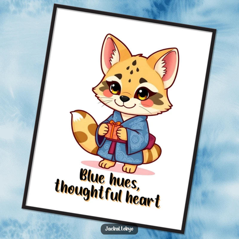 Funny charming jackal in an ornate blue kimono offering a small gift, rendered as thoughtful digital art for instant download.