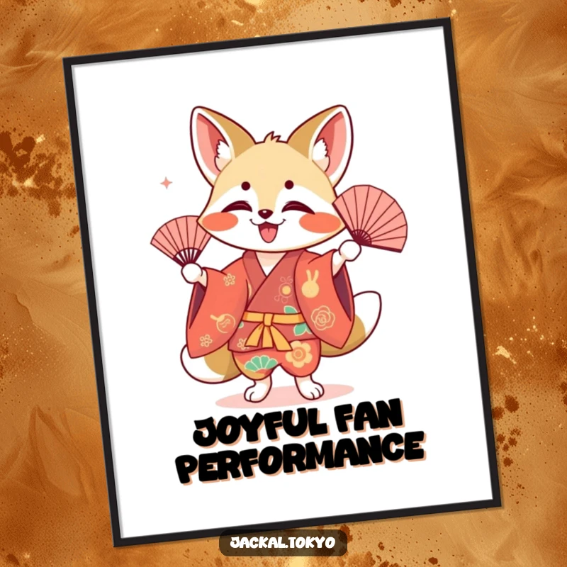 Funny kawaii jackal digital art print, performing a fan dance, colorful kimono, cute illustration, printable decor.