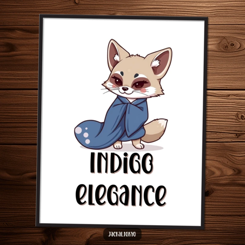 Funny digital art print of a kawaii jackal gracefully bowing in a flowing indigo kimono, showcasing elegant Eastern artistry.