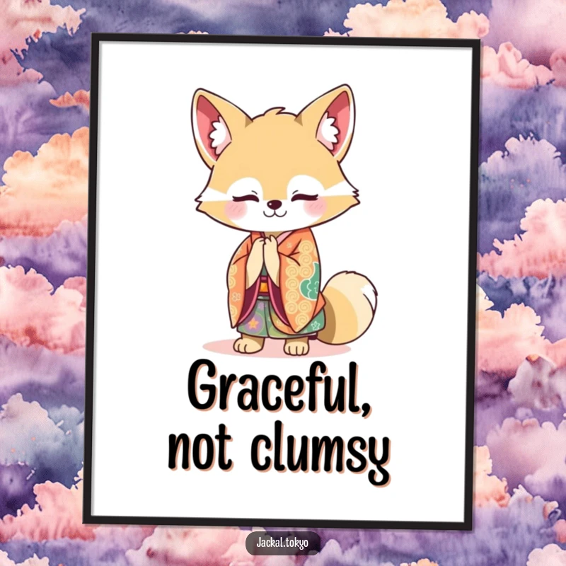Funny Kawaii Jackal Digital Art Print: A vibrant kimono jackal bowing gracefully, offering instant humorous decor.