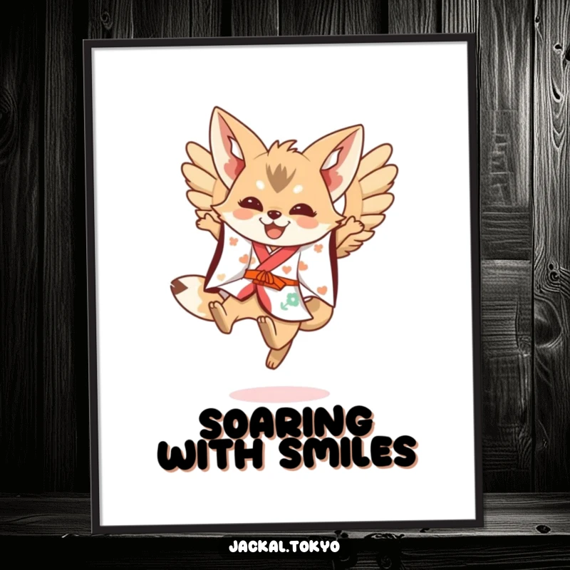 Funny Kawaii Jackal Digital Art Print: Festive kimono jackal leaps with spread wings, offering instant funny cheer.