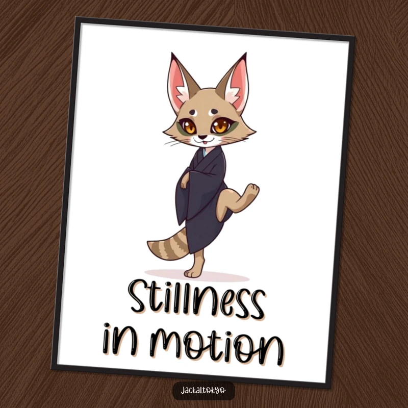 Funny graceful jackal in a dark kimono balancing on one leg, rendered as elegant digital art for instant download.