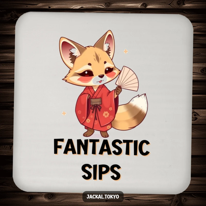 Funny drink coaster showcasing a jackal in a red kimono elegantly twirling a delicate fan, bringing artistic flair.