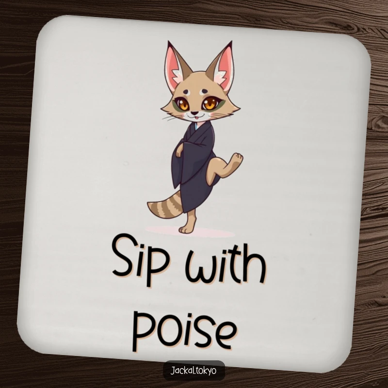 Funny graceful jackal in a dark kimono balancing on one leg on a drink coaster, offering elegant surface protection.