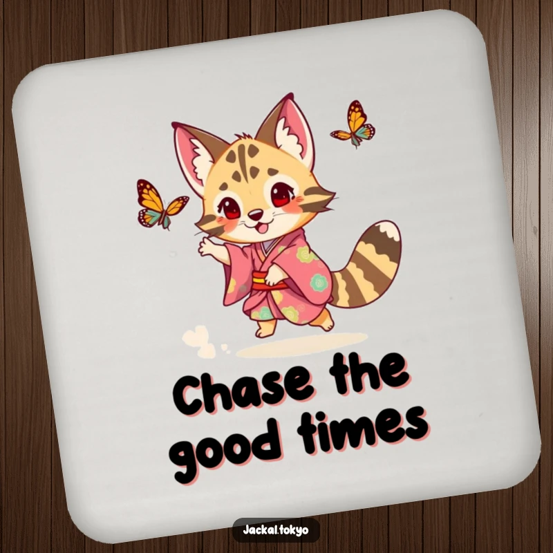 Funny playful jackal in a colorful kimono chasing a butterfly on a drink coaster, offering whimsical surface protection.