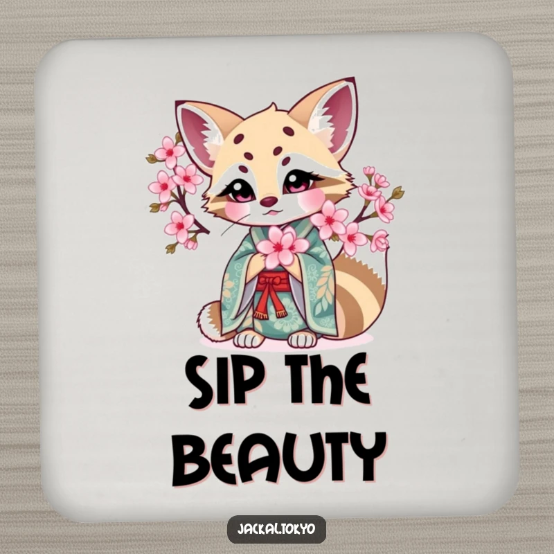 Funny Kawaii Jackal Coaster: Intricate kimono jackal holds a blooming cherry blossom, a protective and funny gift.