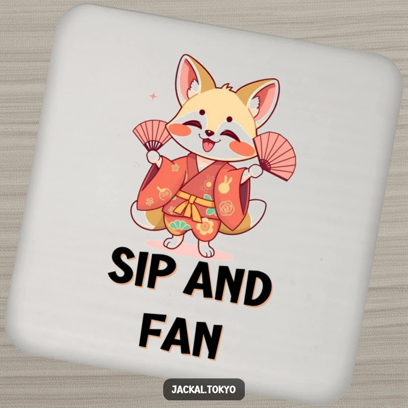Funny kawaii jackal drink coaster, performing a fan dance, colorful kimono, cute decor, protective surface.