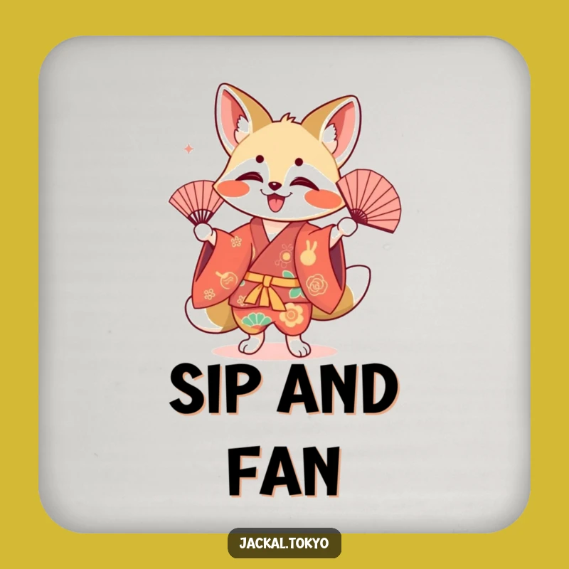 Funny Kawaii Jackal Fan Dance Drink Coaster: Protect Surfaces with Cultural Charm