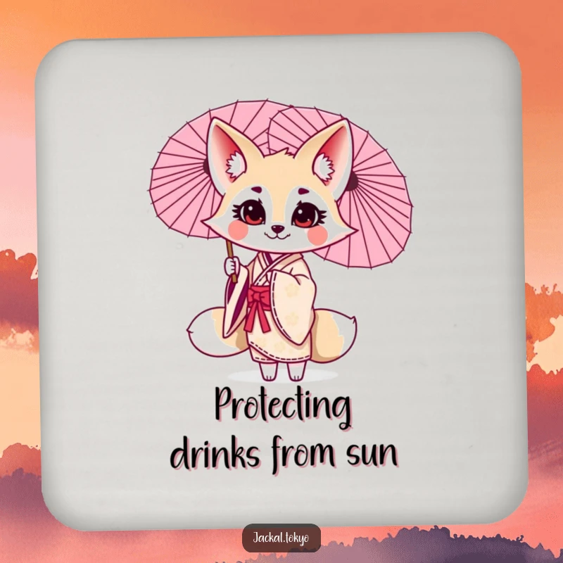 Funny kawaii jackal drink coaster, twirling a parasol, elegant kimono, cute decor, protective surface.