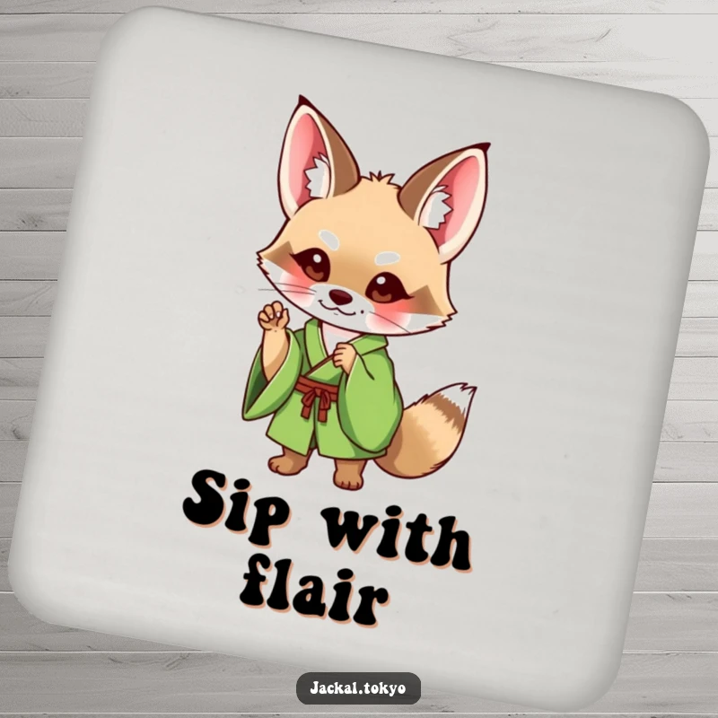 Funny Jackal Coaster: A cute jackal in a green kimono strikes a charming pose, protecting your tables with humorous style.