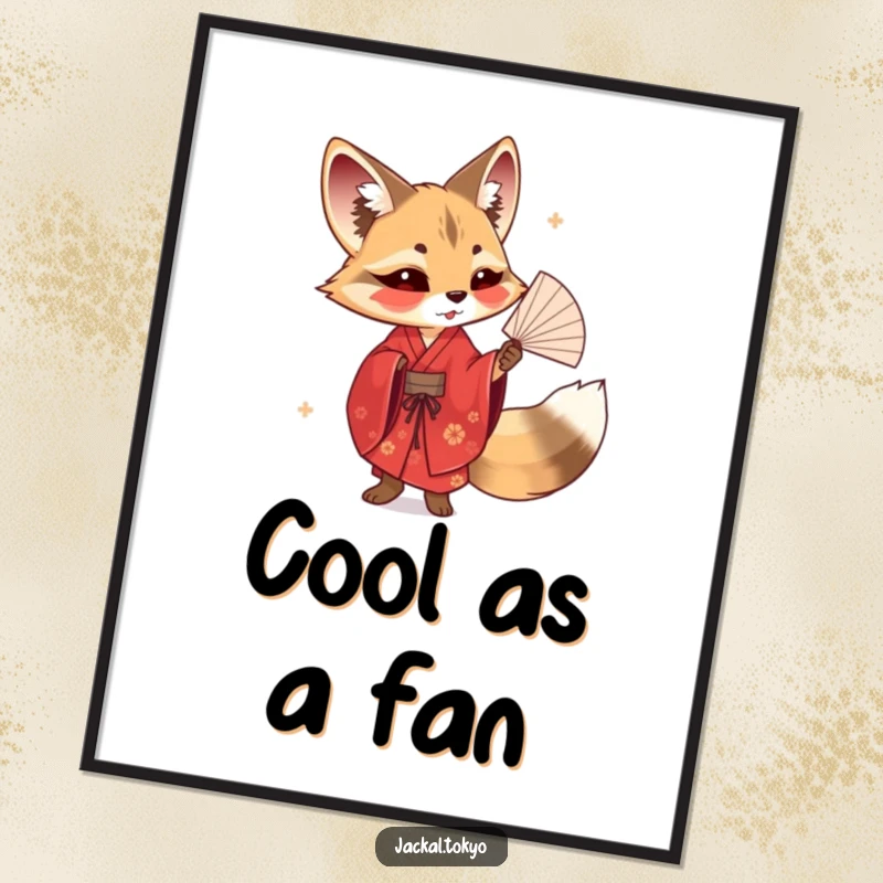 Funny poster of a jackal in a red kimono elegantly twirling a delicate fan, capturing grace and the essence of performance art.