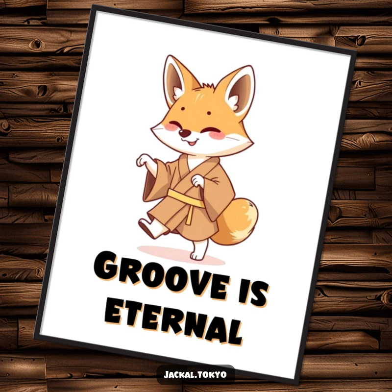 Funny Jackal Kimono Dance Poster: A vibrant poster of a jackal in a brown kimono doing a funny, lively shuffle dance.