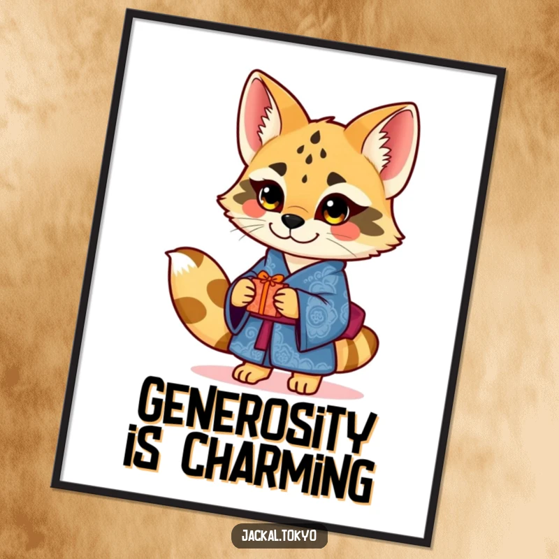 Funny charming jackal in an ornate blue kimono offering a small gift, presented as thoughtful art on a poster.