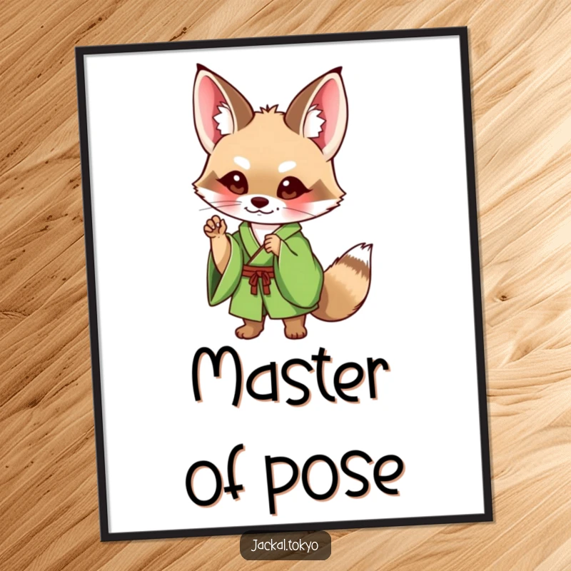 Funny Jackal Poster: A cute jackal in a green kimono strikes an incredibly charming and elegant pose, making for amusing wall art.
