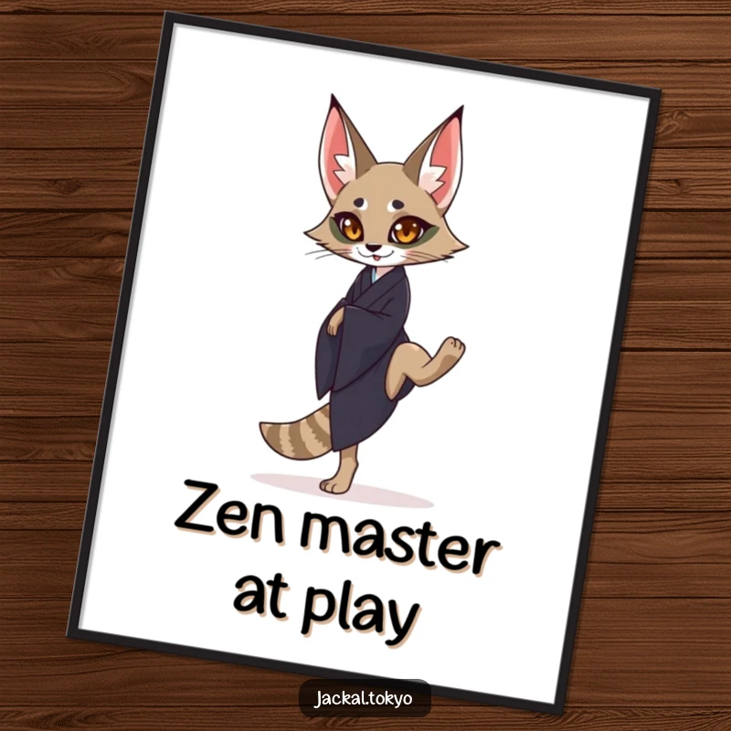 Funny graceful jackal in a dark kimono balancing on one leg, presented as elegant art on a poster.