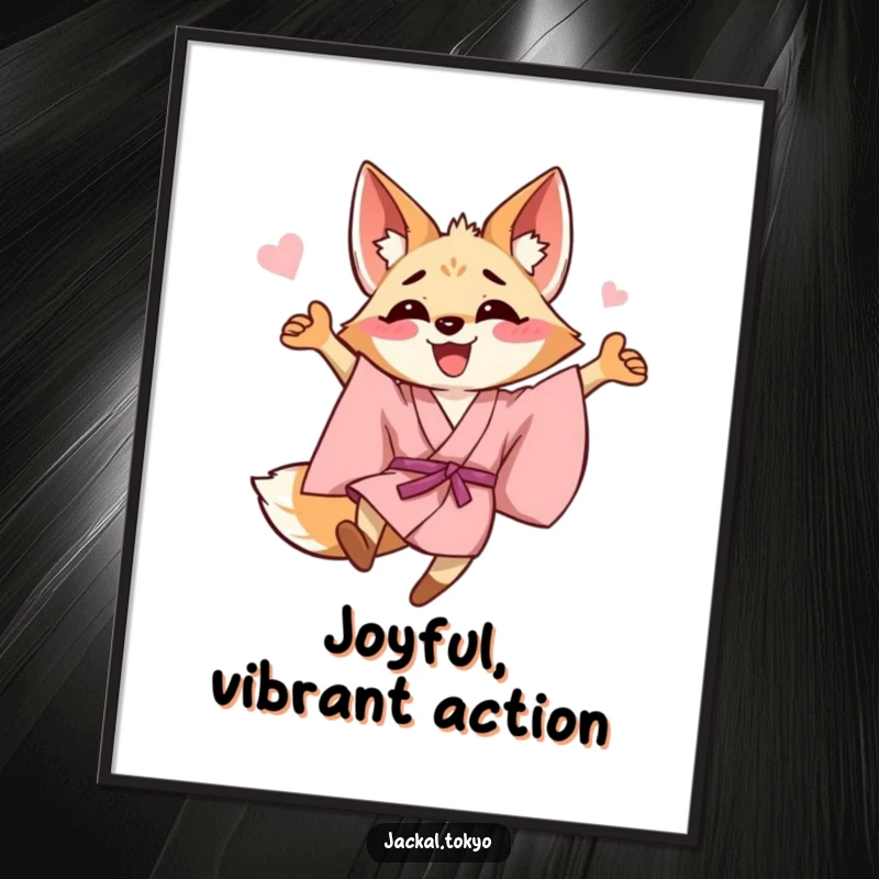 Funny happy jackal in a pink kimono performing a celebratory leap, presented as a joyful art print on a poster.