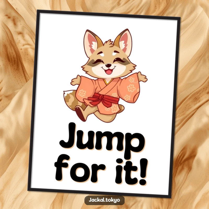 Funny poster of a smiling jackal mid-leap in a brightly colored kimono, capturing energetic movement and pure playful joy.