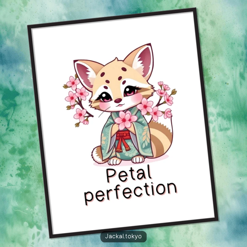 Funny Kawaii Jackal Poster: Intricate kimono jackal holds a blooming cherry blossom, a beautiful and funny art piece.